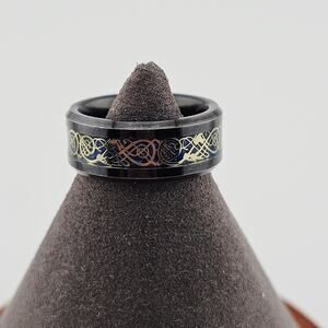 Tungsten Carbide Ring Band Black Gold Celtic Renaissance Style Pattern Size 6
